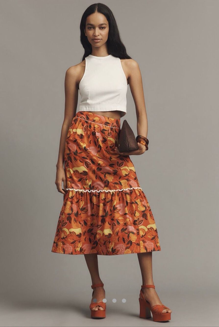 New Farm Rio Tiered Flare Hem Printed Midi Skirt Size XS